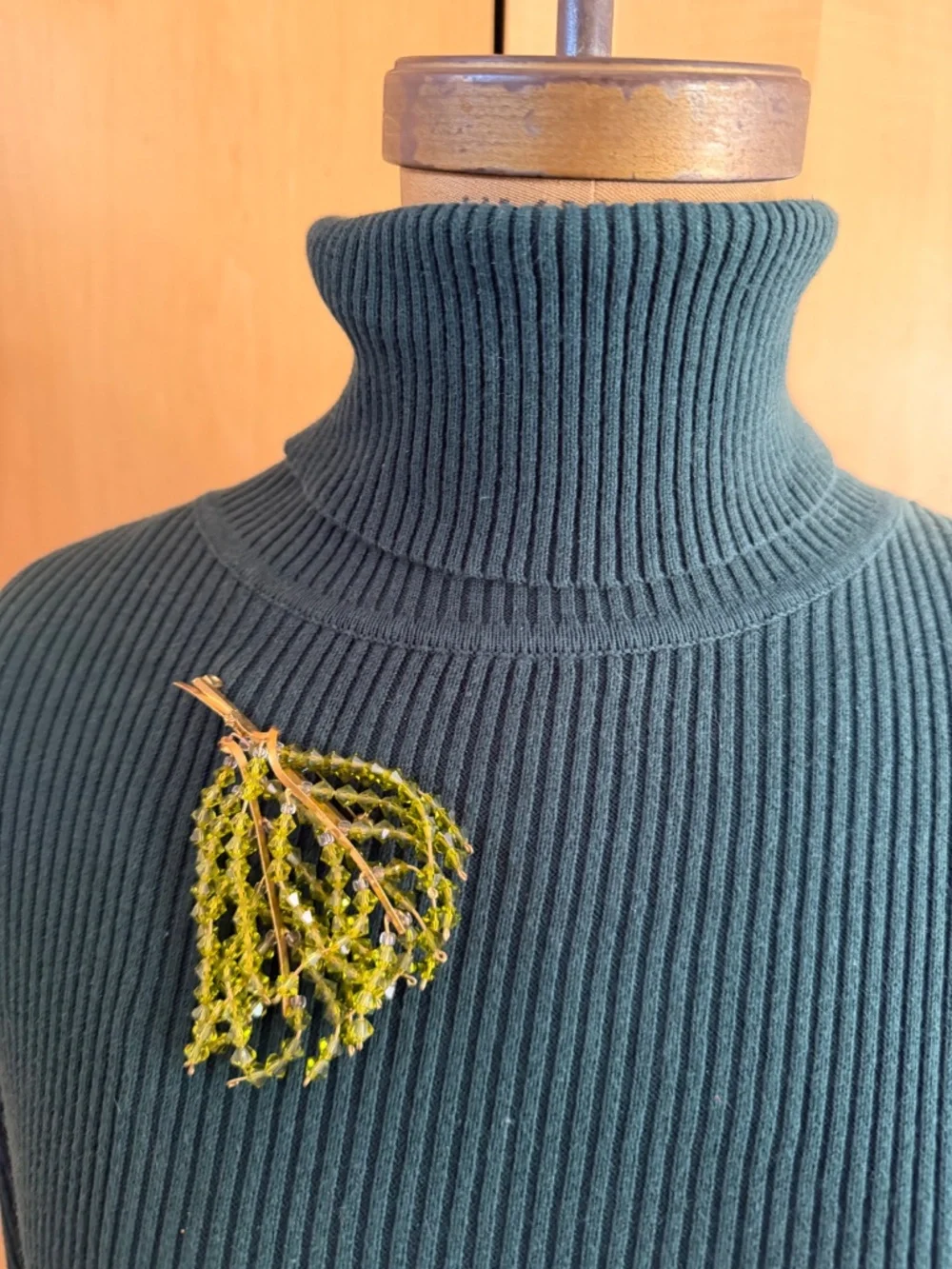 Vintage Suncatcher Brooch with Strands of Faceted Olivine-Colored Glass Beads